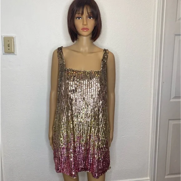 Anthropologie Let Me Be Sequined Shift Mini Dress Women's Size S Pink  Combo